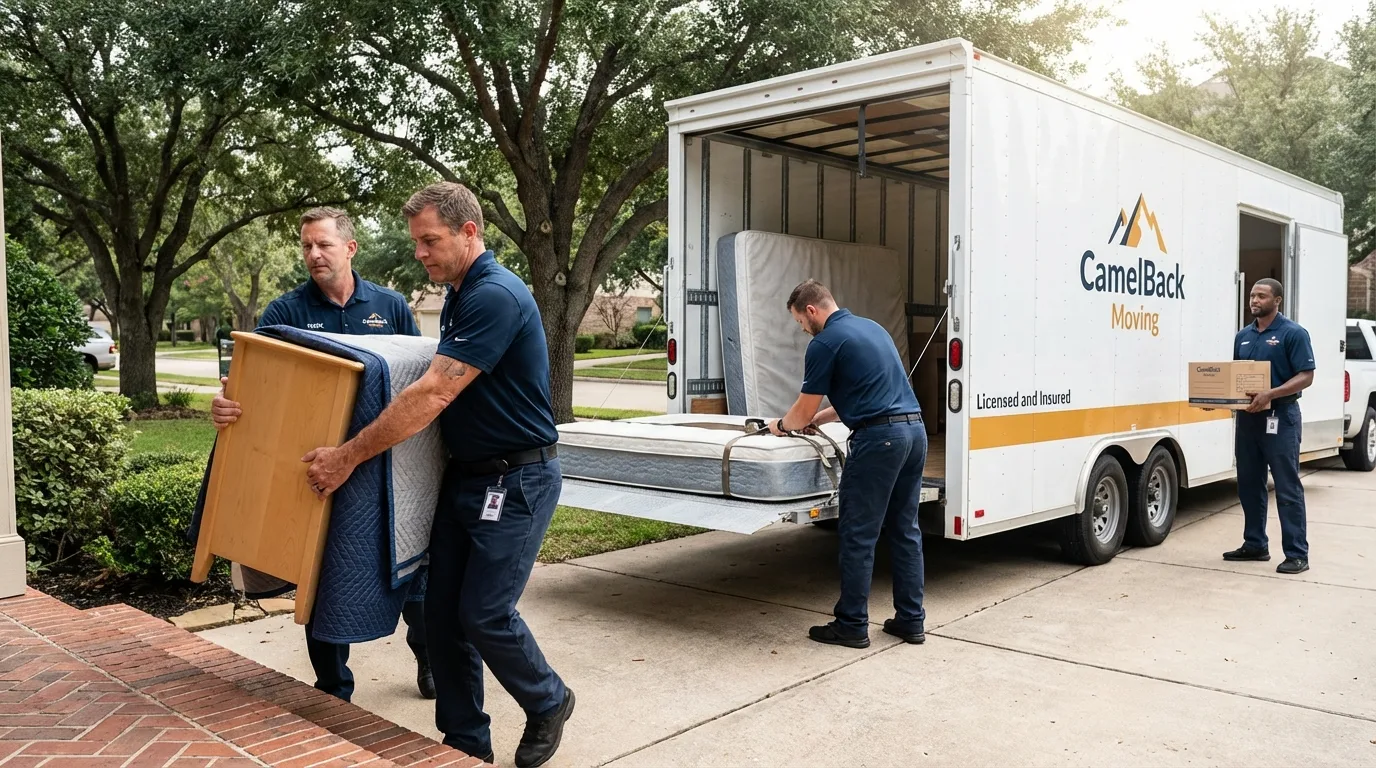 Crew loading residential truck for cross-state move from Melrose, NY