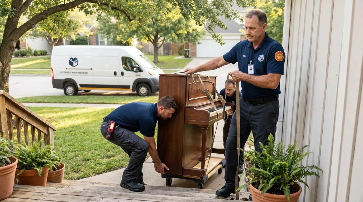 Licensed piano movers securing grand piano in Melrose, NY