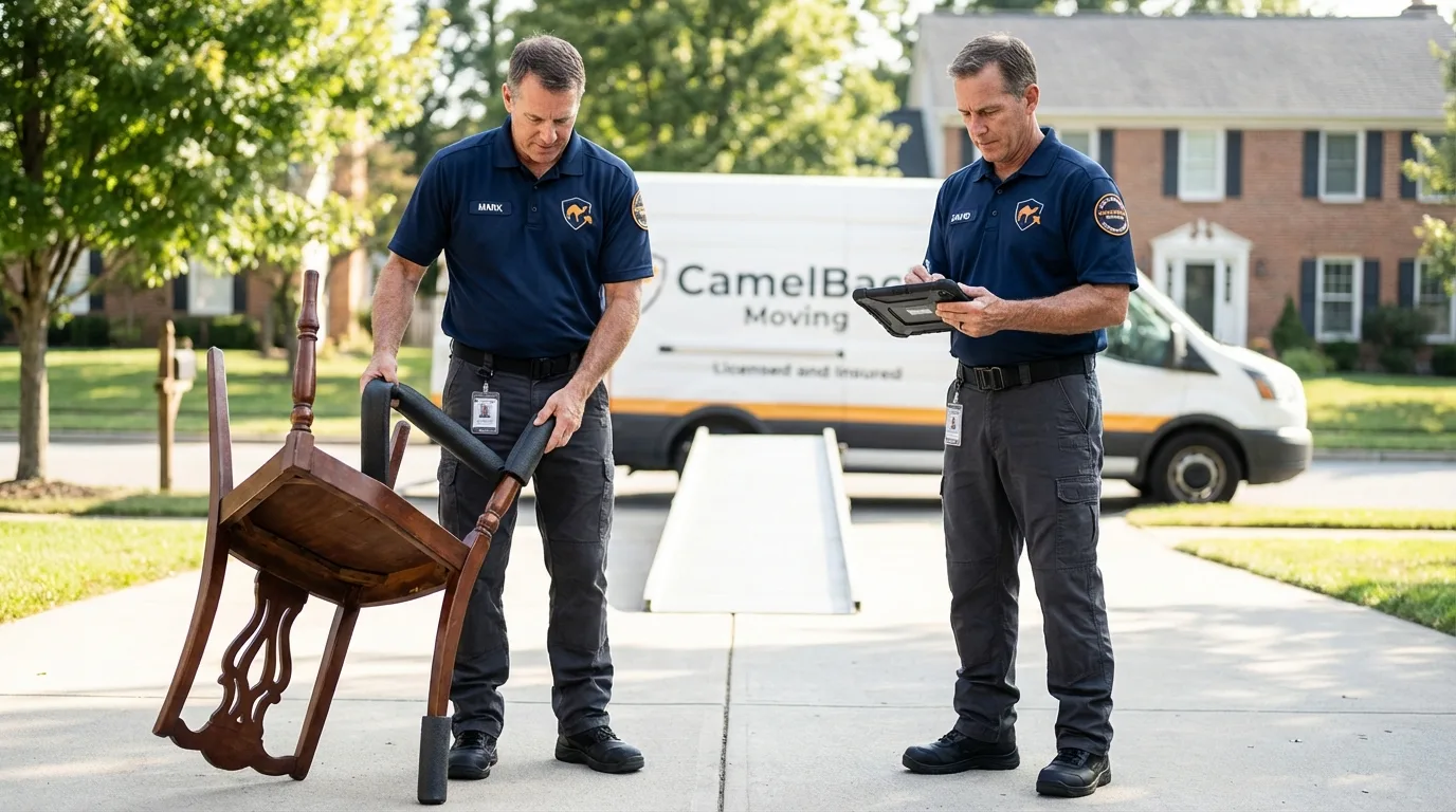 Movers inspecting furniture for damage prevention before loading in Melrose, NY