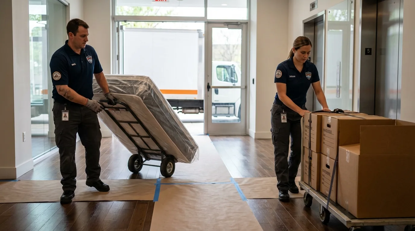 Professional apartment movers loading elevator in Melrose, NY