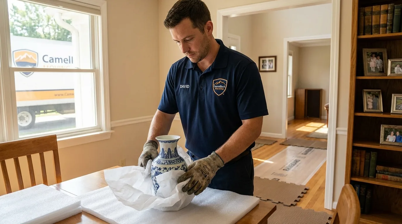 Professional crew carefully wrapping antique vase for senior downsizing move in Melrose, NY