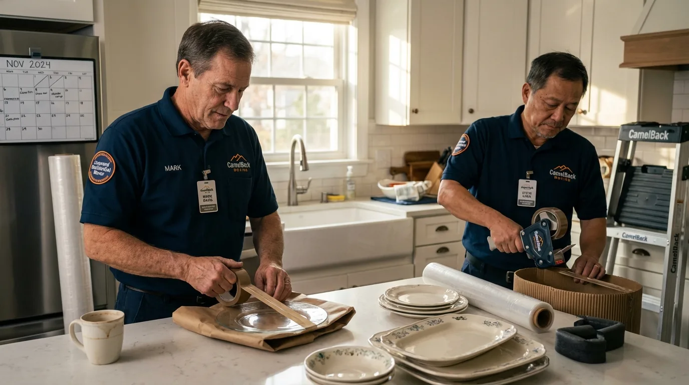 Professional crew packing kitchen dishware in Melrose, NY